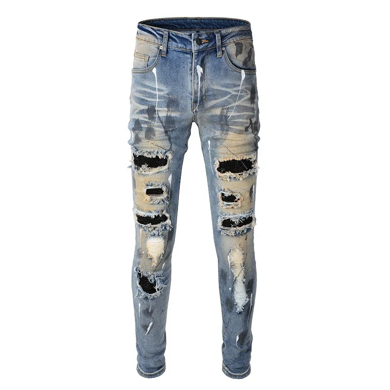 

Sokotoo Men's vintage holes rivet patch slim skinny ripped jeans Casual trendy painted distressed denim beggar pants