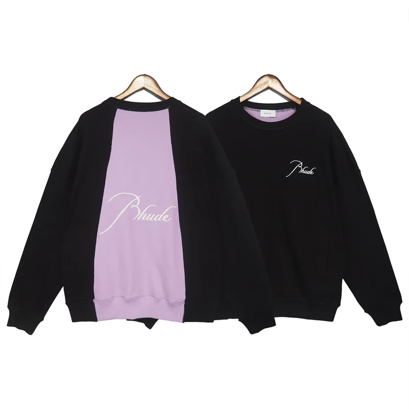 

RHUDE Black Sweatshirt Patchwork Vintage 1:1 Logo Embroidery Men's Pullover Hip Hop Loose Men Women RHUDE Sweatshirt