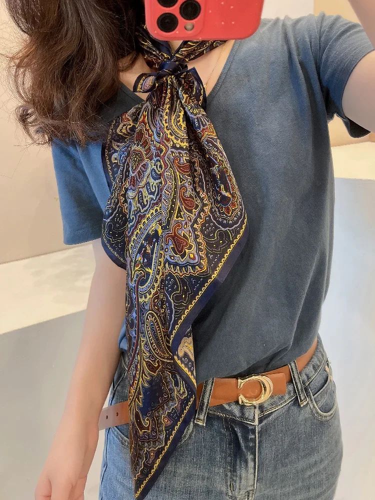 Women 100 Silk Paisley Scarf Square Shawl Hair Wraps Neckerchief For Suit Shirt Sunscreen Cape dark red navy   paisley cotton square scarf men hip hop headband women hair band bandana