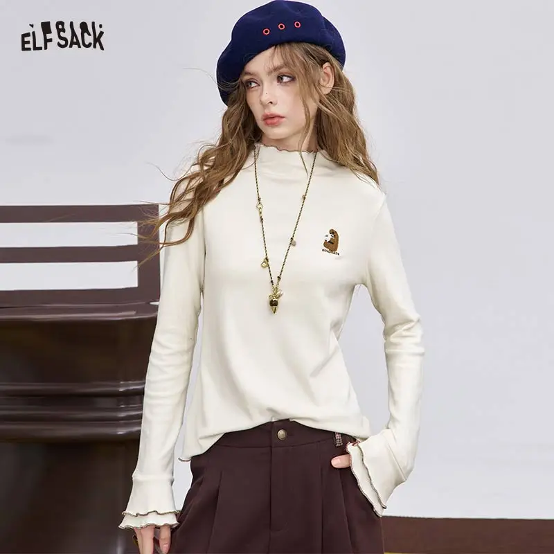 ELFSACK 2025 Winter New Arrivals Casual Animal Embroidered Flounce Sleeve Long Sleeve Half Neck T-shirt For Woman 1