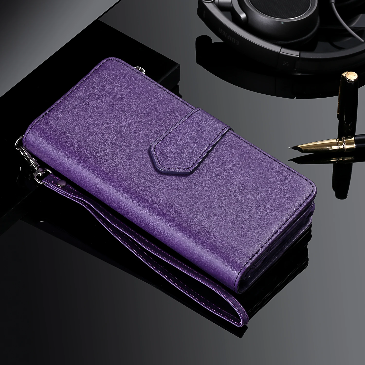 Zipper Leather Wallet with Magnetic Detachable Case and Card Slot Cover