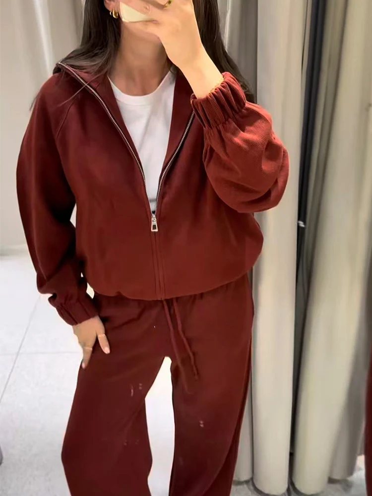 TFMLN Women Wide Leg Pants Set High Street   Stand Collar Zipper Jacket Straight Pant 2025 Autumn Winter Casual Female Set