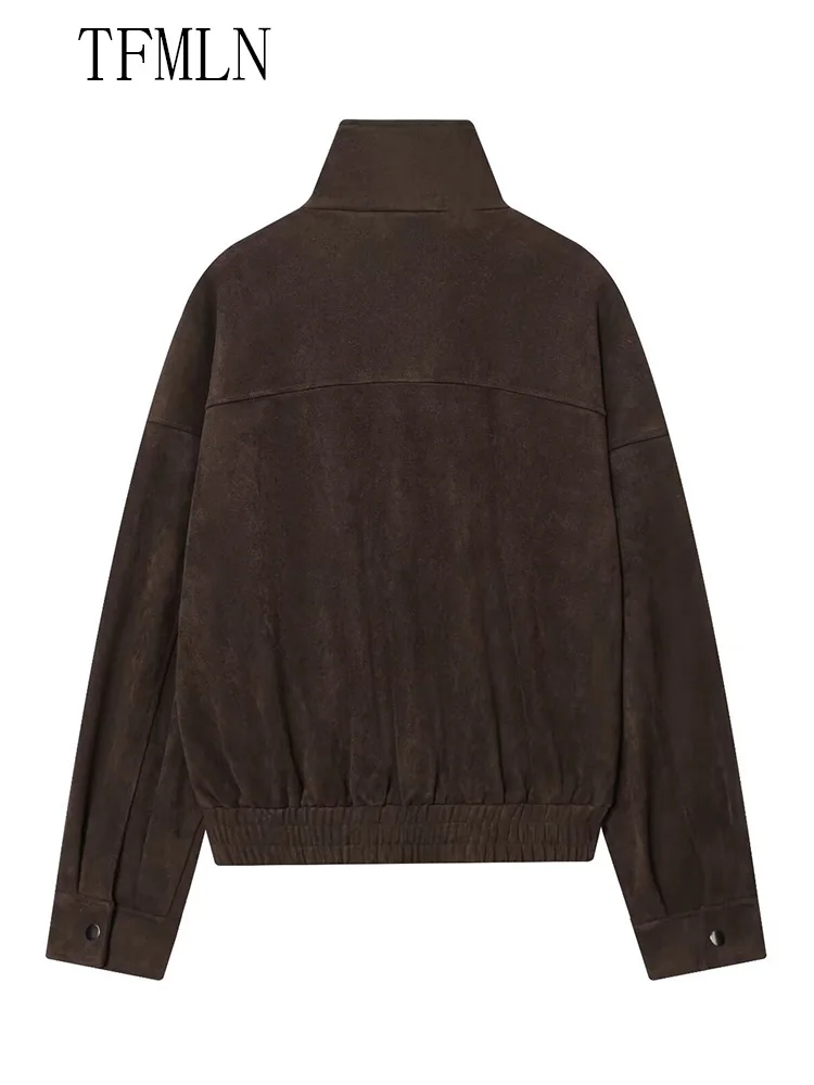 2025 Autumn Women Causal Jackets Fashion Chic Zipper Long Sleeve Street Style Coats Vintage Stand Collar Pockets Ladies Outwear