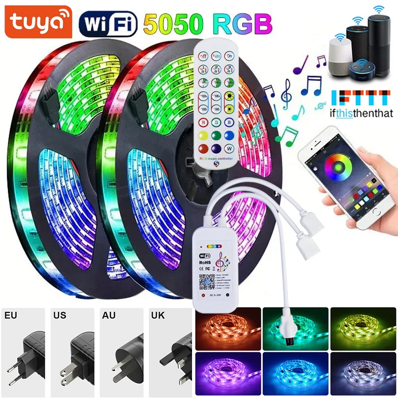 Tuya Led Strip Lights 5050 Wifi Smart Neon Strips Music Sync Rgb Led Tape Light 30m Alexa Led Lights For Room Decorations