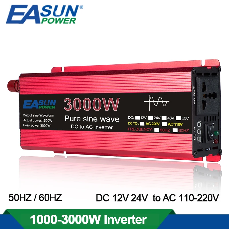 

1000W 1600W 2200W 3000W Pure Sine Wave Inverter DC 12V 24V To AC 110V 220V Voltage Transformer Power Converter Solar Car Inverte