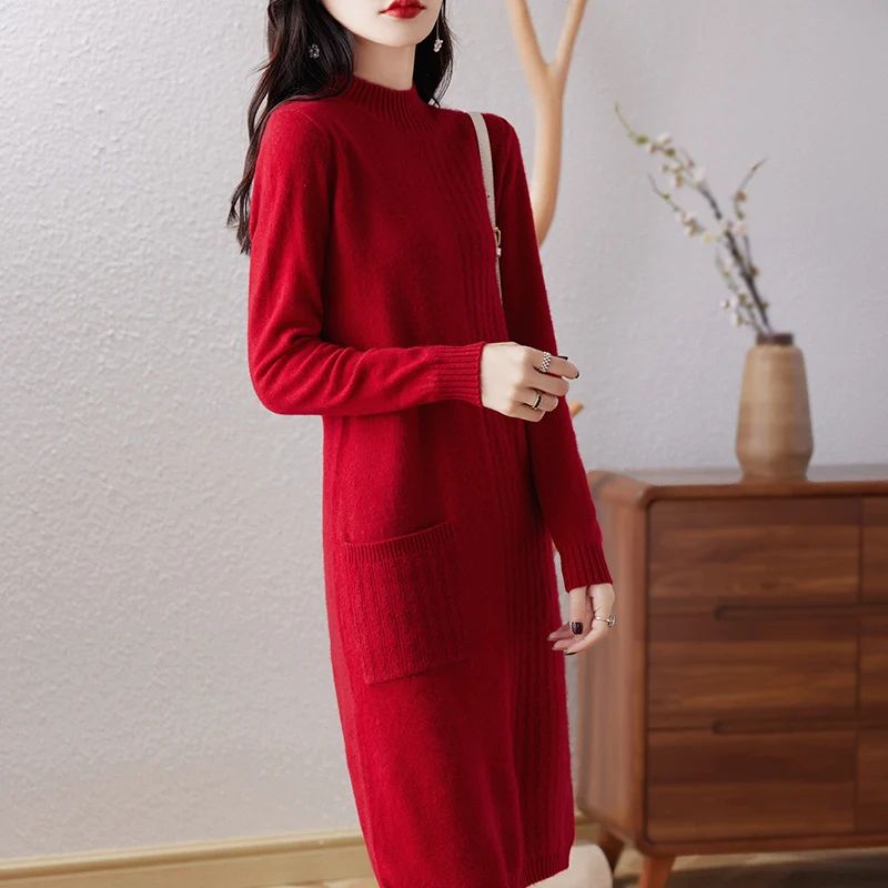 

Cashmere Dress Lady's Semi-High Neck Long Sweater Skirt Autumn And Winter New Long Skirt Sweater Loose Bottoming Skirt