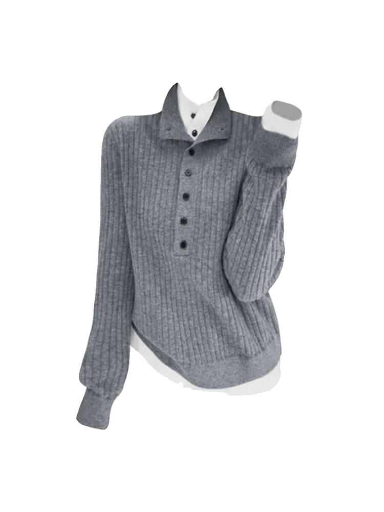 

Fall Winter Women Vintage Contrast Color Fake Two Pieces Jumper Pullovers Old Money Sweater Long Sleeve Knitwears Designer Thick