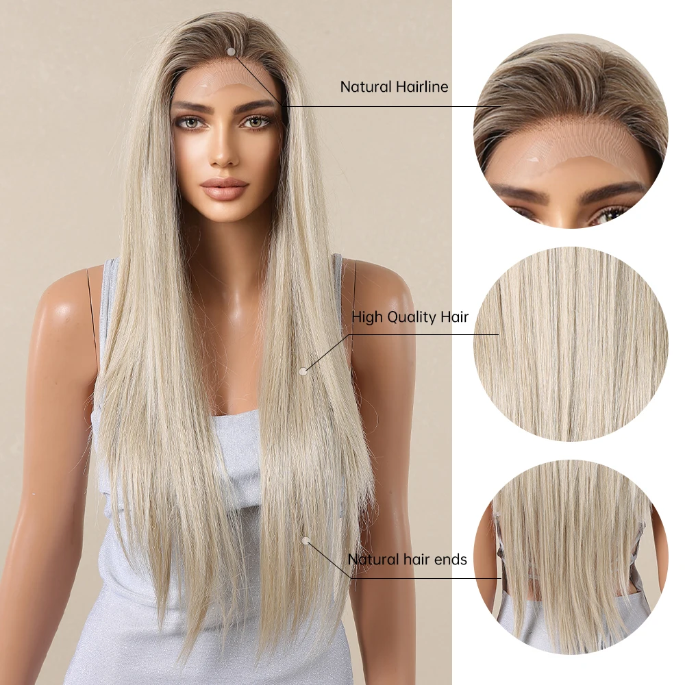 Lace Synthetic Wigs Long Ombre Blonde Wig Layered Straight Hair For Women Natural Daily Use Heat Resistant Wig HENRY MARGU 13*6 synthetic wig