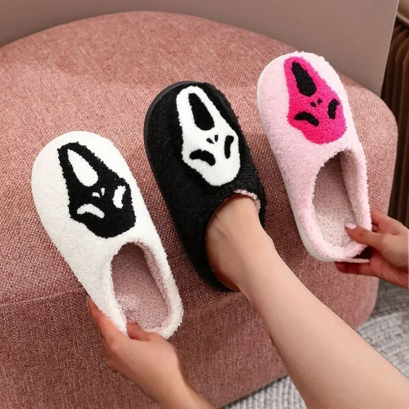 

Warm Plush Slippers Women's Winter New Halloween Black Ghostface Home Cotten Slippers Men Flip Flops Indoor Floor Slippers Gifts