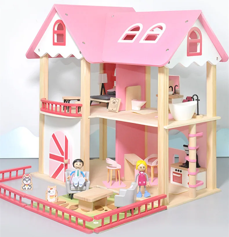 고품질 나무 핑크 빌라 유럽 공주 인형 방 놀이 집 퍼즐 어린이용, 50cm, 대화형 장난감,  생일 선물