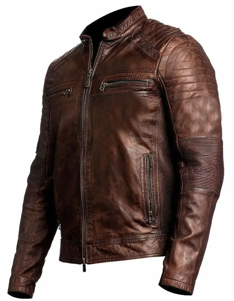 

Men's Biker Vintage Motorcycle Distressed Brown Cafe Racer Leather Jacket European and American Fashion Trends