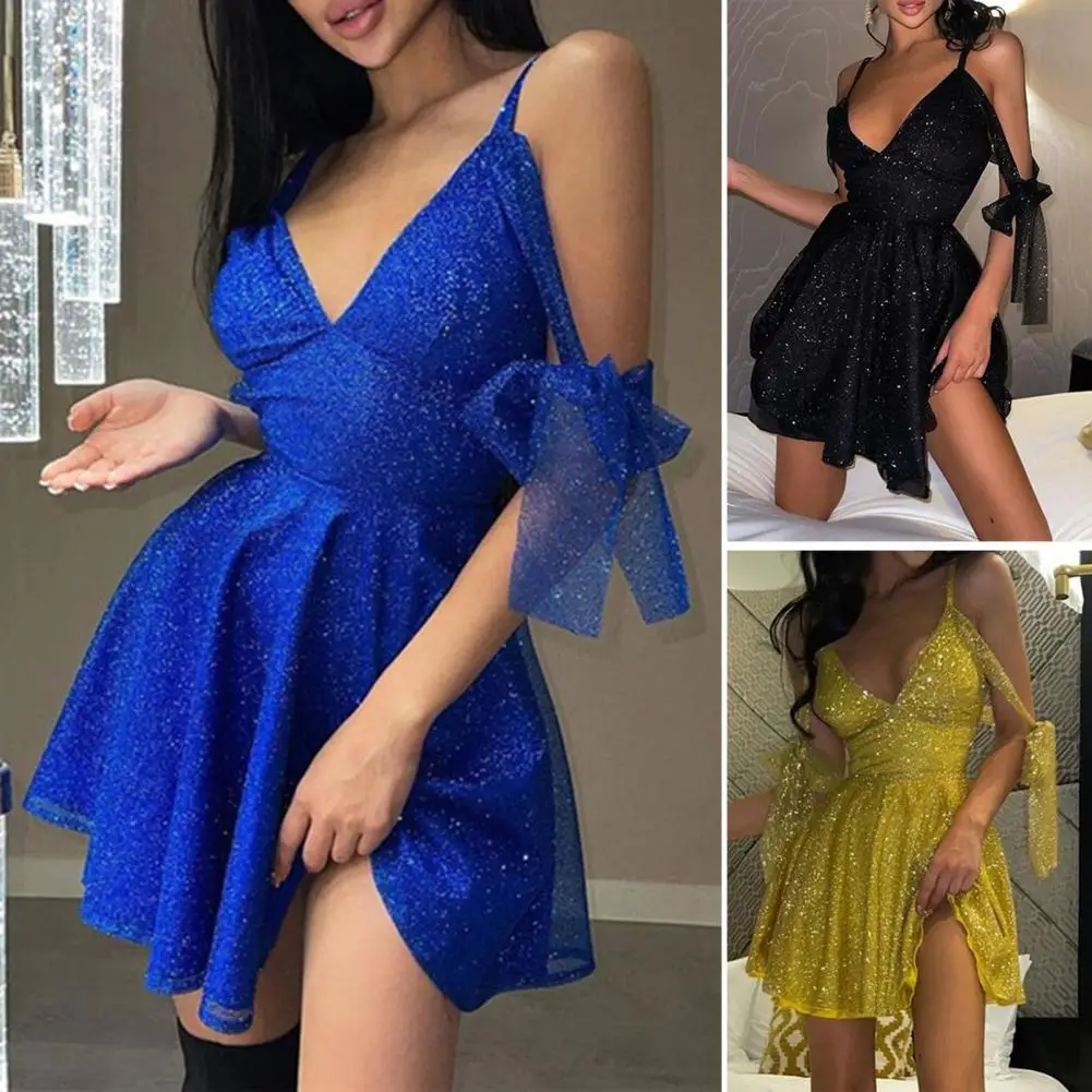 Sexy Women Sequins Glitter Dress Deep V Neck Halter Solid Sparkle Sling Lace-up Short Mini Dress Evening Party Dress Club Dress