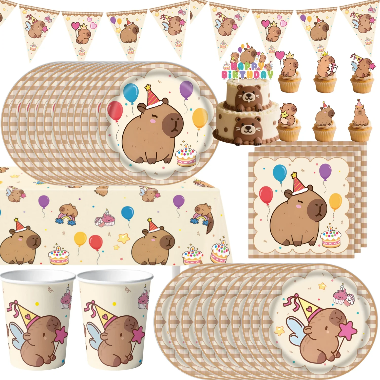 Capybara Geburtstagsdekoration Tischware Tischdecke Teller Servietten Einladungskarten Ballons Poster Baby-Shower Geburtstagsparty Zubehör