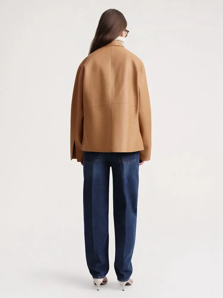 Chaqueta de piel sintética para mujer, abrigo con cuello vuelto, bolsillos con cremallera, estilo Safari, otoño