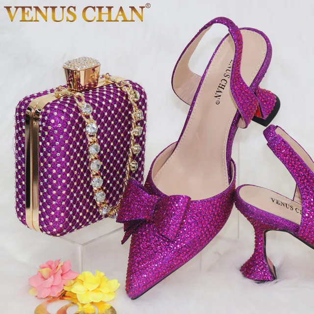 New arrivals special design purple color african women shoes and bag set pointed toe pumps