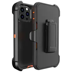 Triple-Protection Heavy Duty Shockproof Armor Phone Case with Belt Clip for iPhone 14 Pro Max (Black Orange)