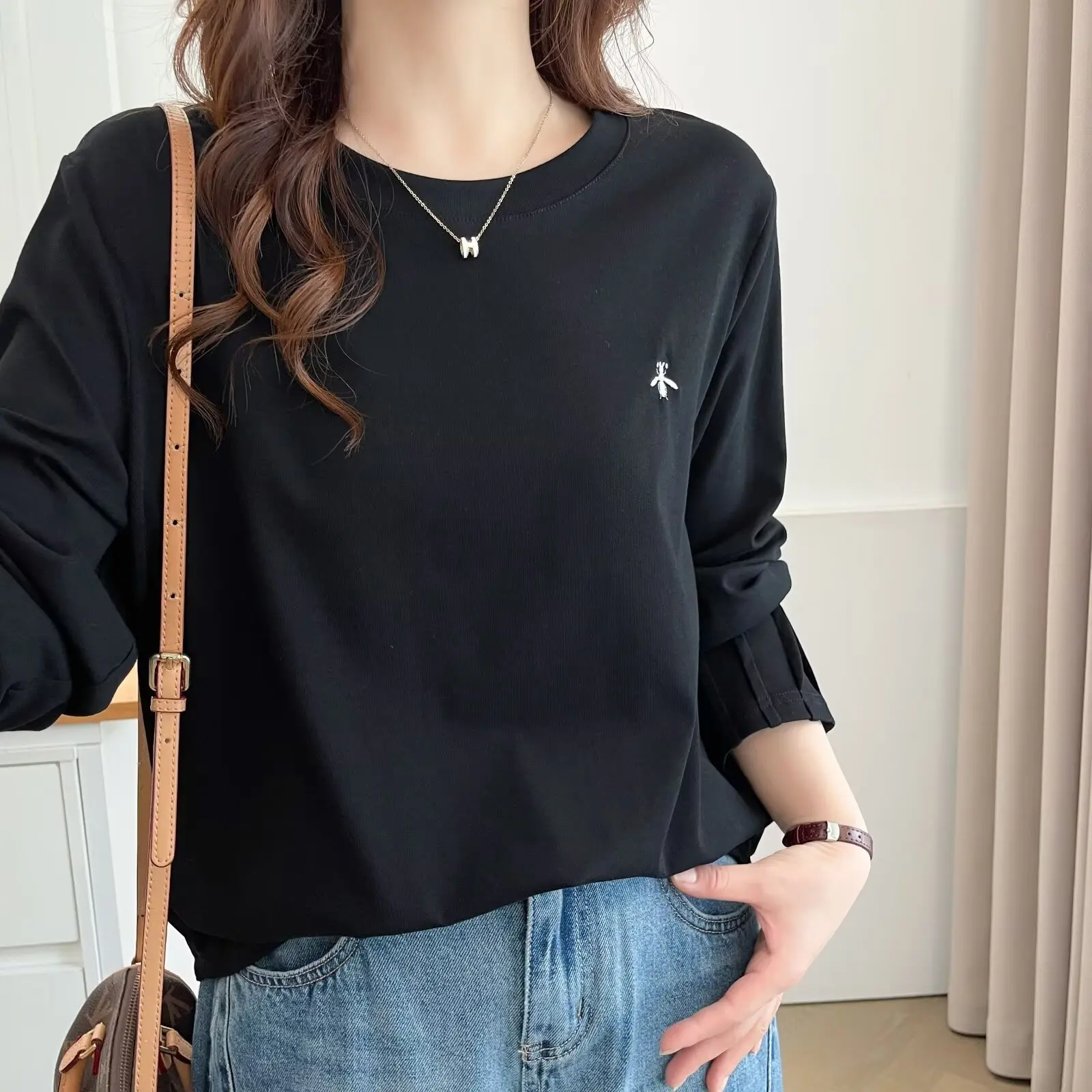 XXXXL Fashion Plus Size Women's T-Shirt Autumn New Basic Style Embroidered Pleated Cuffs Long Sleeved Base Top 2508