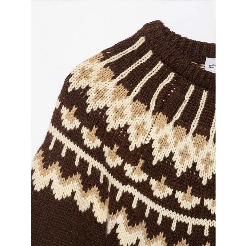 Chic Autumn Knitted Pullover Women Vintage Jacquard Sweater Fashion Casual Short Sleeve Female Elegant Knitwear Top