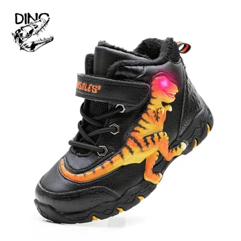 디노 T-REX LED 겨울 어린이 부츠 정품 가죽 따뜻한 플러시 키즈 빛 눈 깜박임 여자 야외 신발