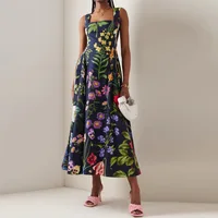2025 Spring Summer New Fashion Women's Dress Square Collar Backless Sexy Floral Print Tie-Back Large Hem Casual Out Wear Dress