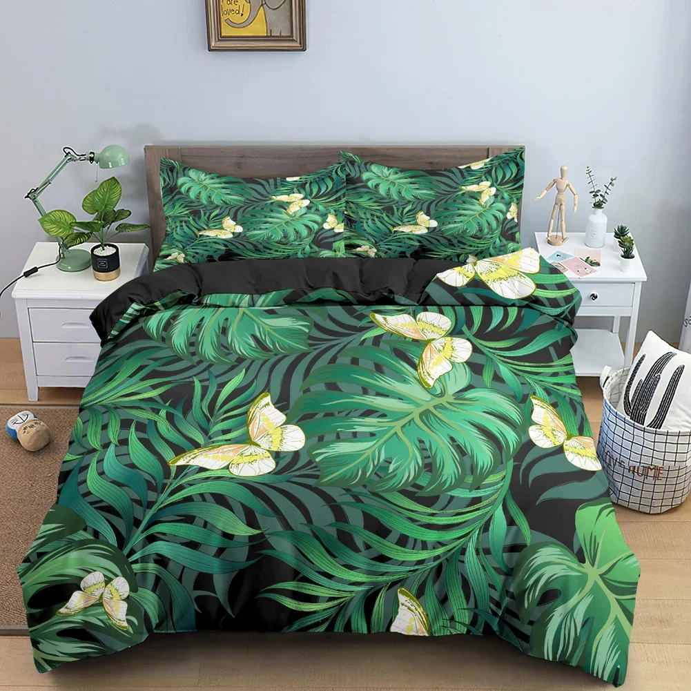 Tropical Leaves Butterfly Printed Duvet Cover Bedding Sets with Pillow Case Luxury Polyester Bedspread Queen/King Size Gift Blue