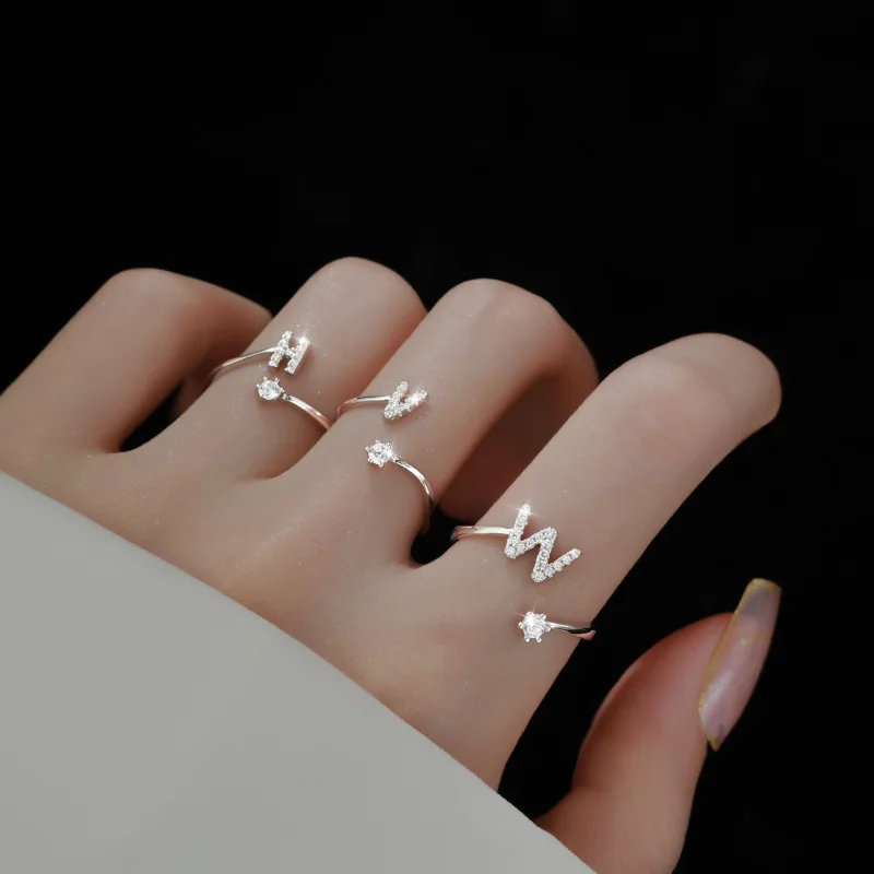 925 Sterling Silver 26 Letter Ring Sparkling Diamond Zircon Open Ring Index Finger Your Name Birthday Party Jewelry Fashion silver rings silver ring