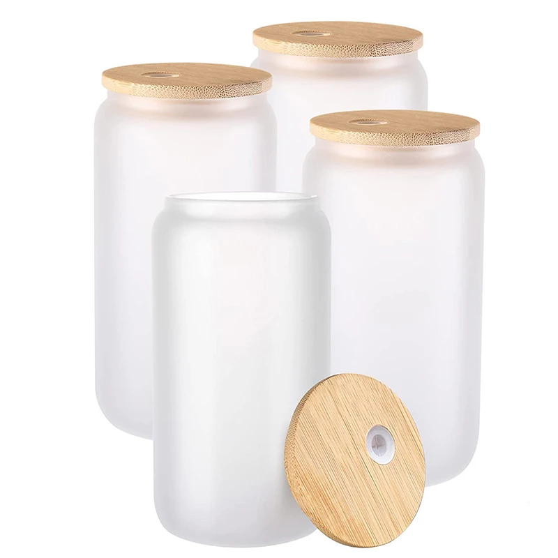 HTVRONT Sublimation Glass Blanks with Bamboo Lid - 16oz Frosted Sublimation  Glass - Sublimation Glass Tumblers for Iced Coffee Juice Soda Drinks (4  PACK)