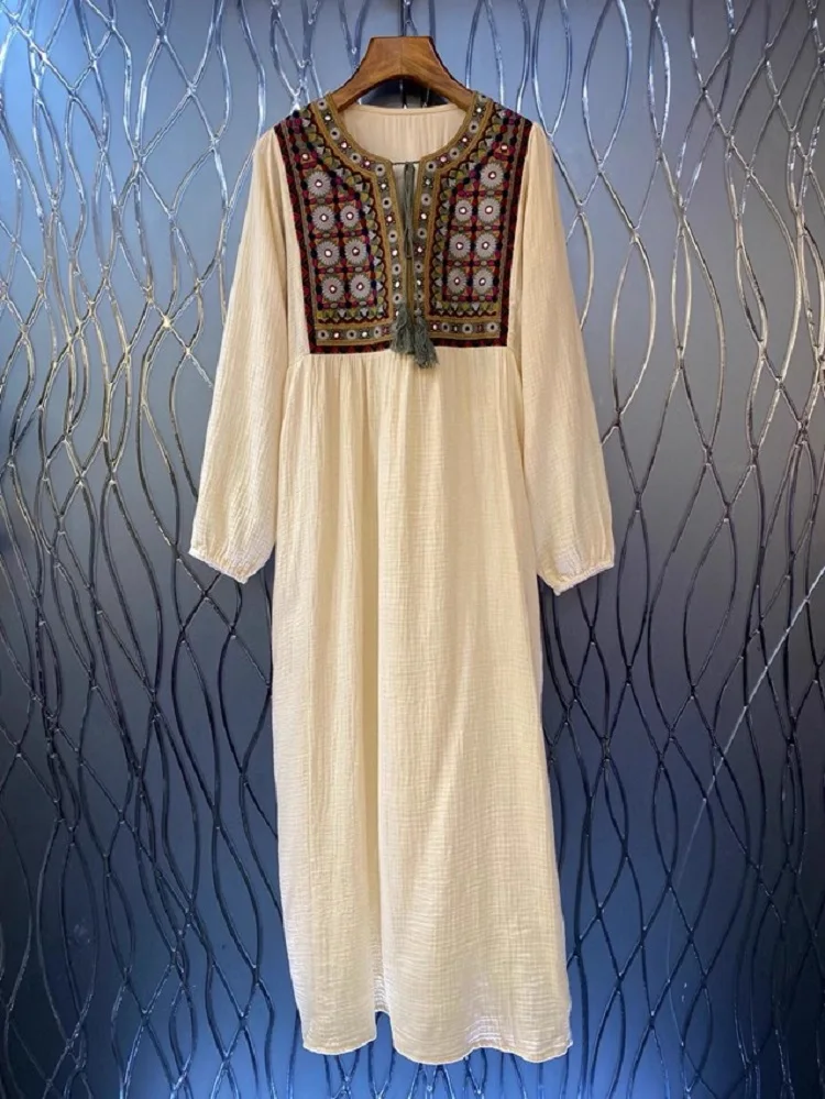 

100%Cotton Long Dresss 2023 Autumn Style Women Vintage Floral Embroidery Tassel String Deco Long Sleeve White Loose Dress Casual