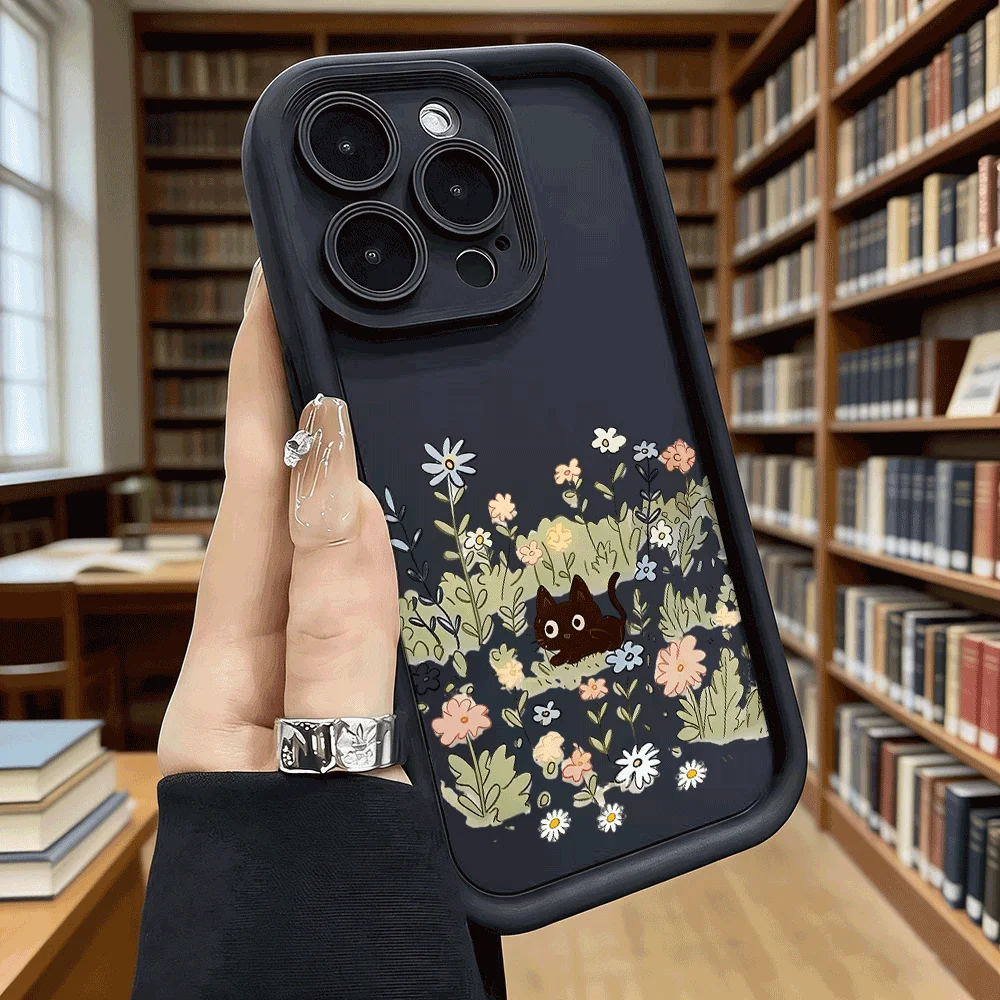 Charming Black Cat Floral Soft TPU Shockproof Case - Anti-Fall Protective Back Cover