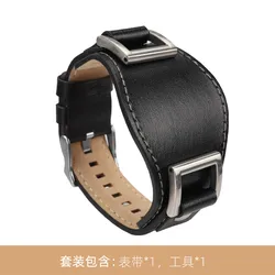 Vintage Leather Watch Band - Genuine Cowhide Strap, Retro Brown & Black Bracelet Accessories, 24mm - 24mm (Black silver buckle)