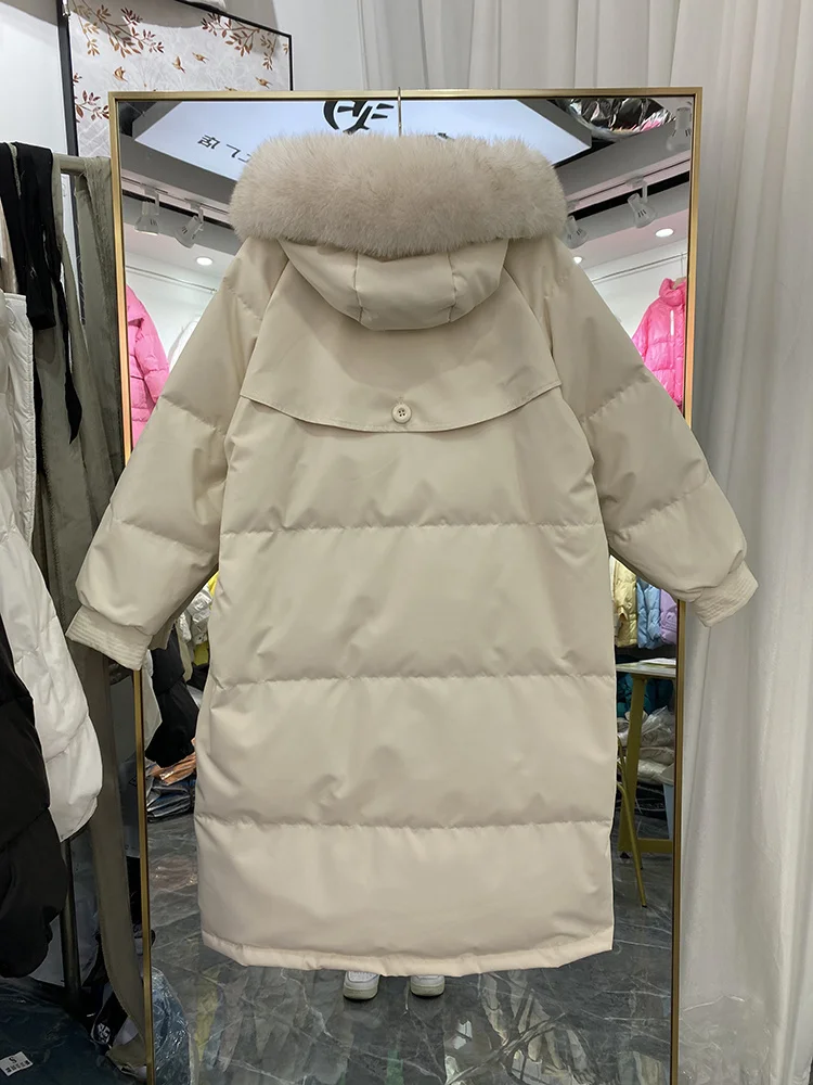 

Женское длинное пальто на белом утином пуху, Повседневная Свободная куртка-пуховик с капюшоном, с натуральным лисьим мехом, новинка зимнего сезона 2023
