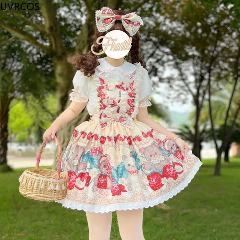 Japan Kawaii Lolita Jsk Dress women sweet Bear strawberry Print Lace Strap Dresses Girl Harajuku Princess Holiday Party Vestidos lolita dress lolita suspender dress lolita cosplay costumes suspender dress lolita skirt lolita blouses