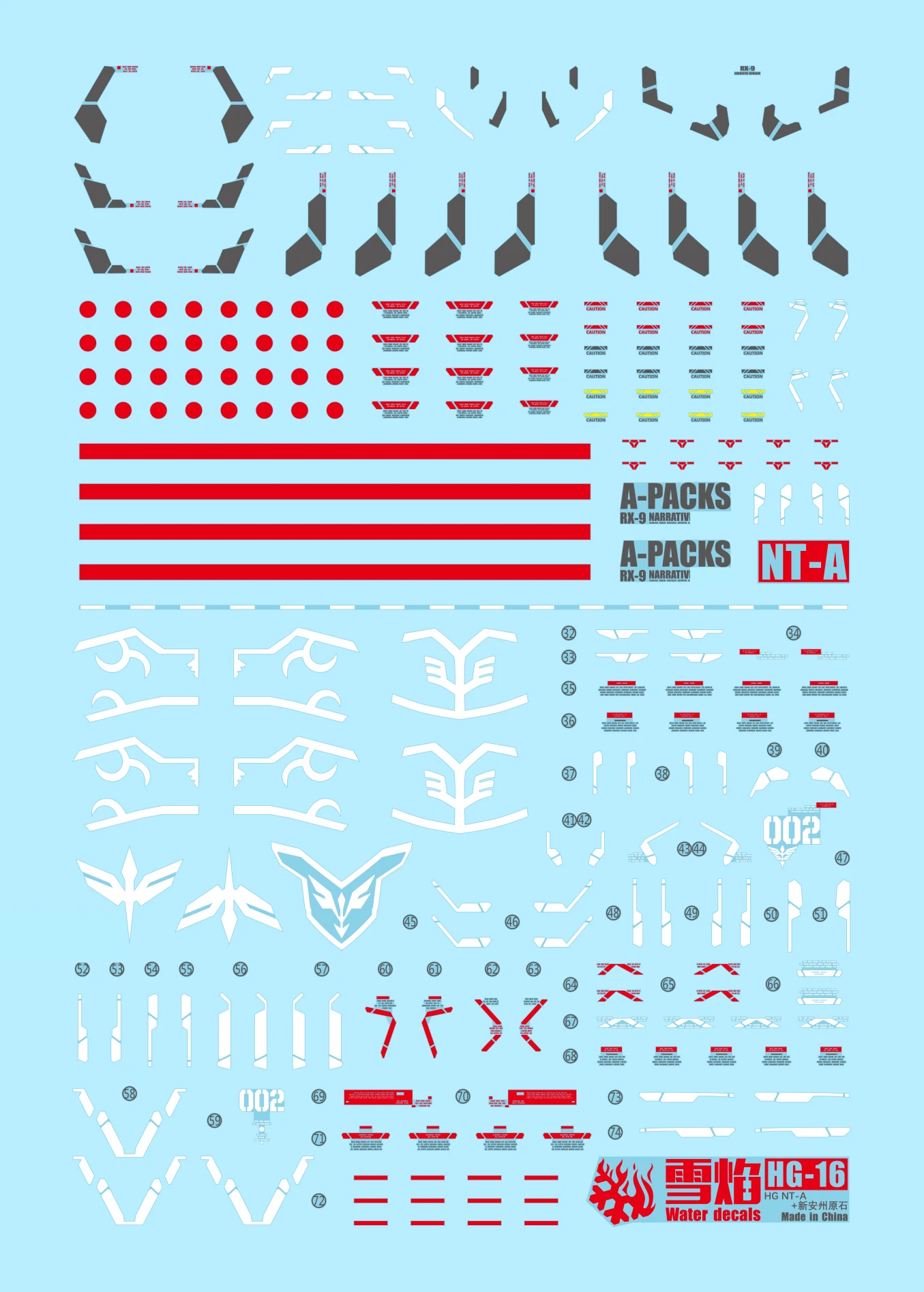 Flaming Snow Water Decals HG-16 for HG 1/144 Narrative A-Packs / Sinanju Stein (Narrative Ver.) Model DIY Stickers Fluorescent model tools,model building parts
