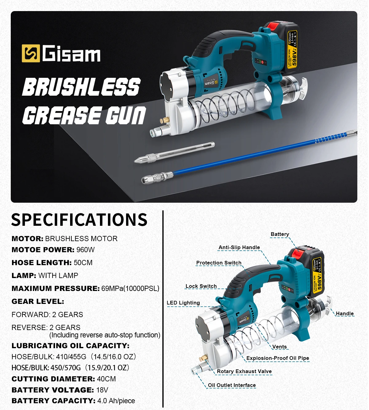 10000PSL Brushless Electric Grease Gun 69Mpa High Pressure Car Lubricating Oil C