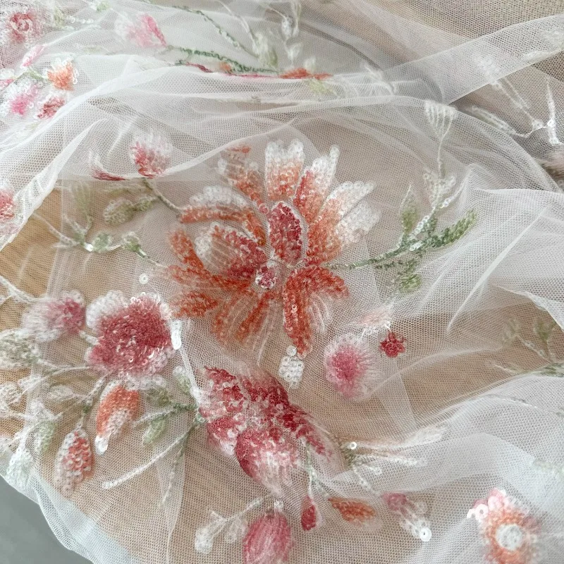 

Premium Lace Fabric with Colorful Bead Embroidery and 3D Flower Tulle Material for Luxury Dress Cheongsam Diy