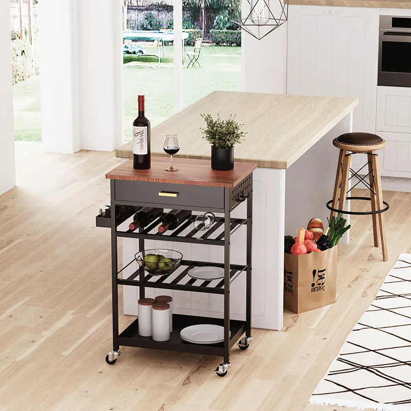 Eco-friendly And Durable Rolling Kitchen Storage Wine Cart Kitchen Island Wood Top Food Serving Trolley With Drawers