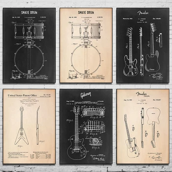 Disegno di brevetto poster strumento musicale Chitarra pianoforte rack tamburo Stampa su tela per la decorazione della parete di casa Pittura senza cornice