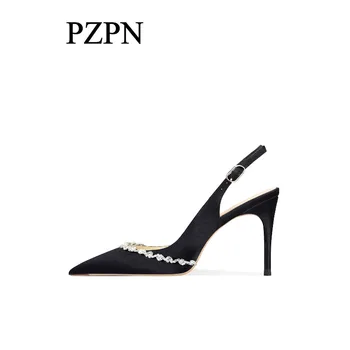 Black satin rhinestone high-heeled shoes for women, 2026 new model, pointed and slim single shoes, back hollow toe sandals