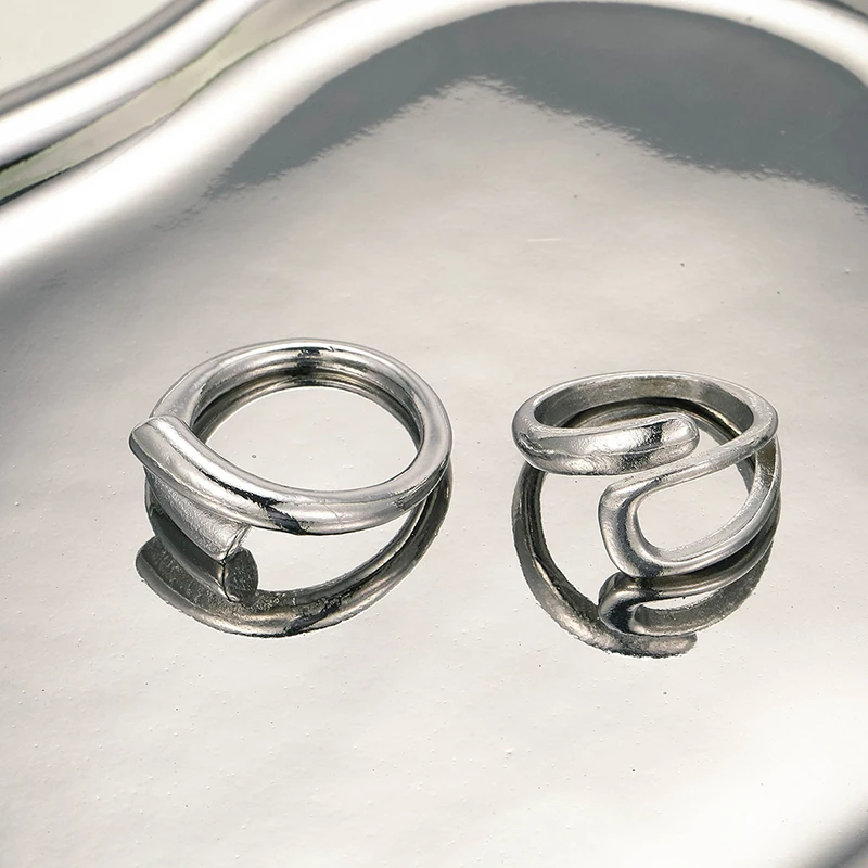 Stainless Steel Ring 2Pcs Stainless Steel Geometric Hollow Layered Wide Ring Metal Texture Waterproof Daily Simple Stylish Golden Jewelry Women