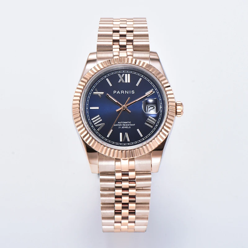 

New Fashion Parnis 39.5mm Blue Dial Men's Watches Sapphire Calendar Rose Gold Case Automatic Mechanical Watch reloj hombre Clock