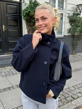 Stand Collar Women Winter Woolen Coats 2025 Spring Single Breasted Loose Female Long Sleeve Jacket Office Lady Street Short Coat 1