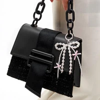 Porte-clés à nœud papillon perlé Y2k, ruban esthétique, pompon, pour femmes et filles, sac à main, clé de voiture, décoration de coque de téléphone 4