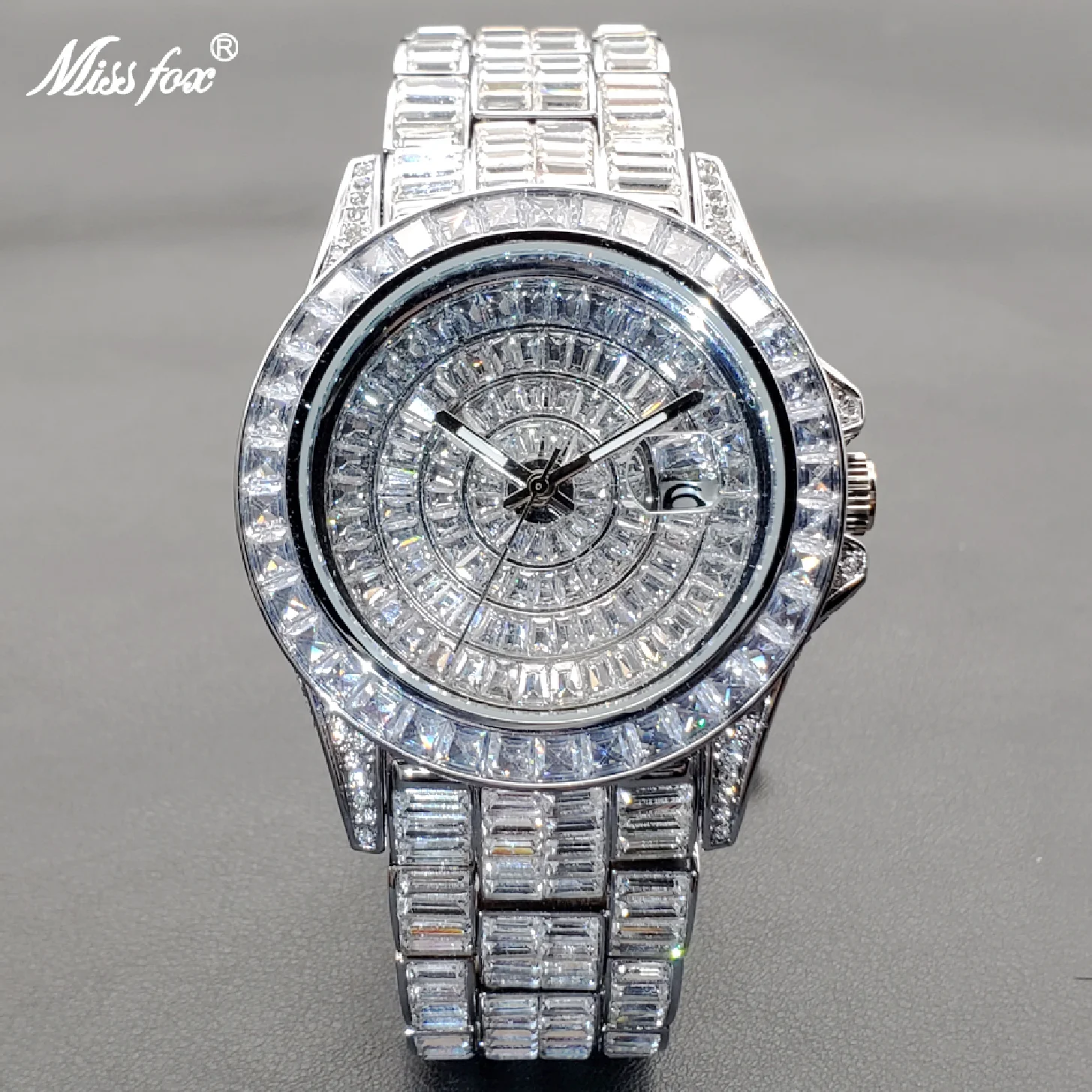 

New Fully Baguette Moissanite Watches For Men Top Luxury Stainless Steel Automatic Date Wristwatch Hip Hop Ice Out Male Clock