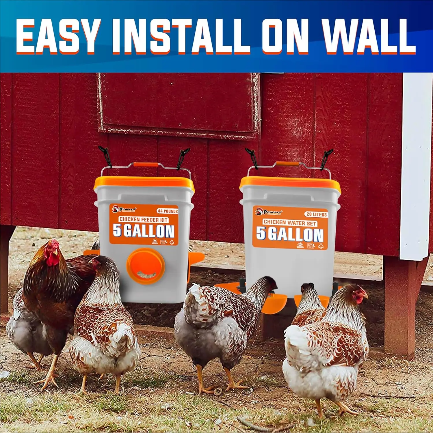 5-Gallon/44 Pounds Automatic Chicken Feeder & Waterer Set(2 Buckets), Chicken Feeder Port & Water Cup No Waste, Rain Proof 5