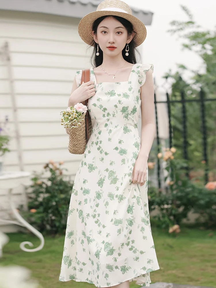 

Summer new women's ins vintage print square collar sleeveless Bohemia travel beach strap long dress girl young dress