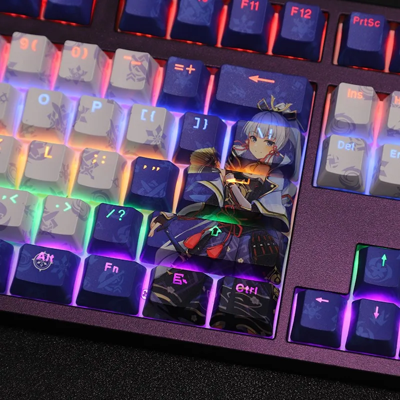 Teclas Conjunto Lados Pbt Tintura Subbed Keycaps Anime dos Desenhos Animados Gaming Keycap Backlit para Genshin Impacto Kamisato Ayaka 108 - Imagem 2