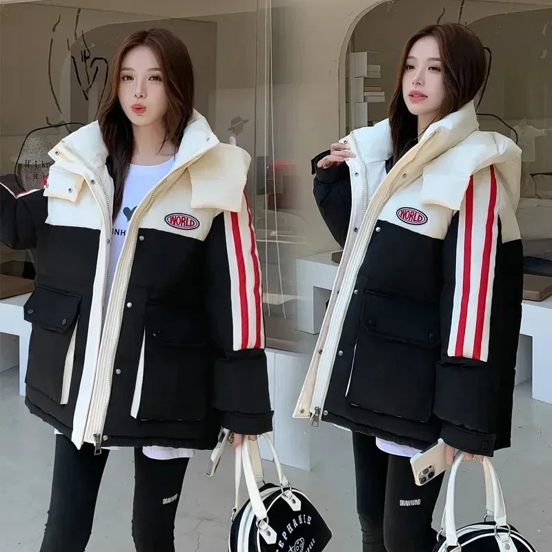 2025 Oversized Down Cotton Coat Women Korean Winter Jacket Warm Casual Hooded Parkas Patchwork Puffer Thick Snow Wear Outwear