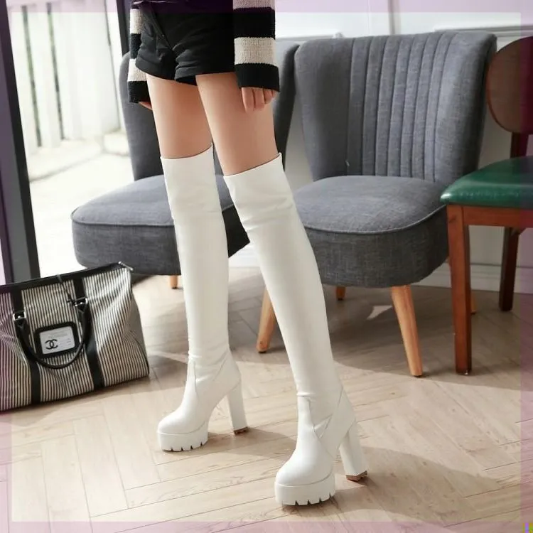 

Zipper Women Boots High Heels Female Shoes Chelsea Round Toe Stiletto Ladies Over-the-Knee Rubber Leather Low White Solid Micro