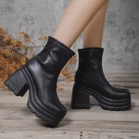 Women New Fashion Short Boots Women Sexy Leather Boot Square toe casual Zipper high heels Casual thick soled women shoes Zapatos 2
