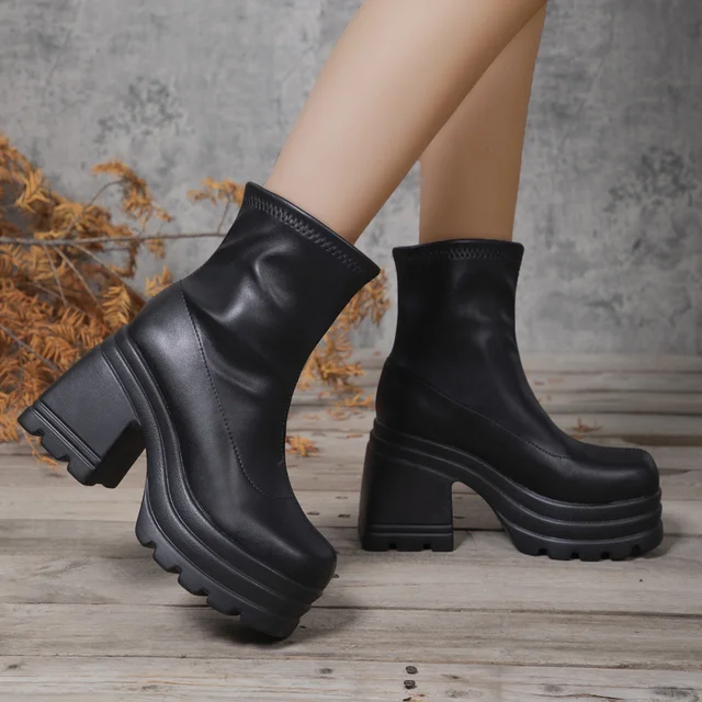 Women New Fashion Short Boots Women Sexy Leather Boot Square toe casual Zipper high heels Casual thick soled women shoes Zapatos 2